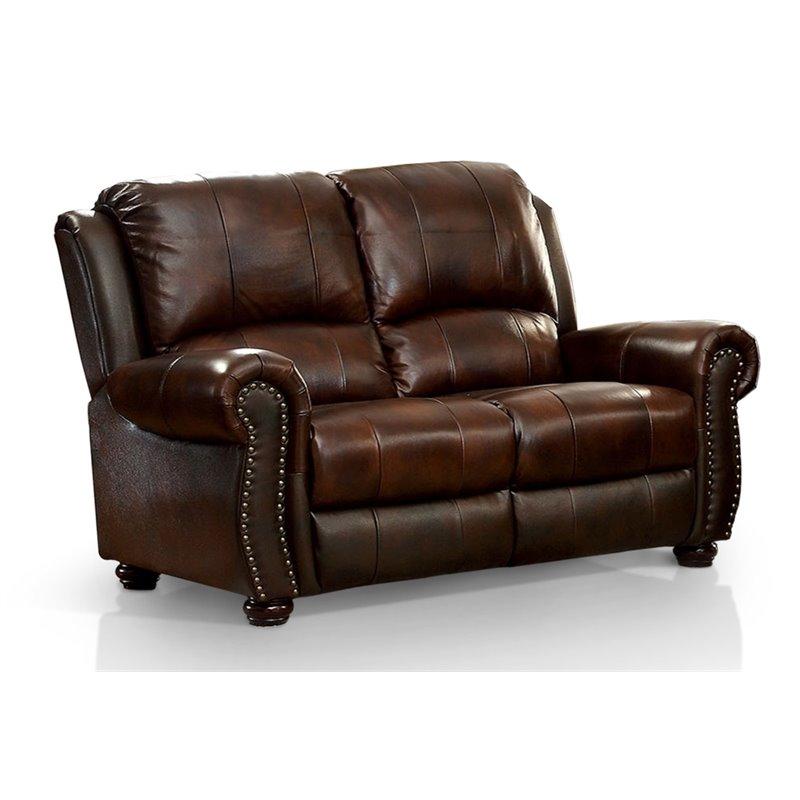 Furniture of America Garry Leather Loveseat in Dark Brown