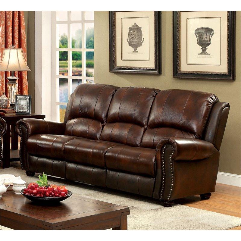 Furniture of America Carson Leather Sofa in Dark Brown