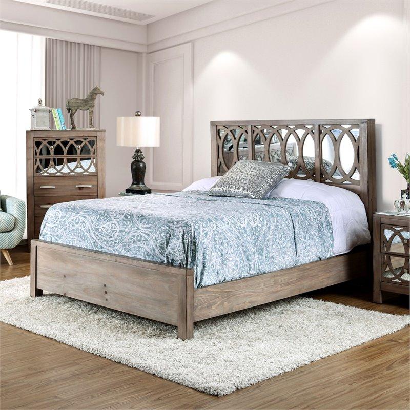 Furniture of America Elyssa King Mirroed Panel Bed in Rustic Natural Tone
