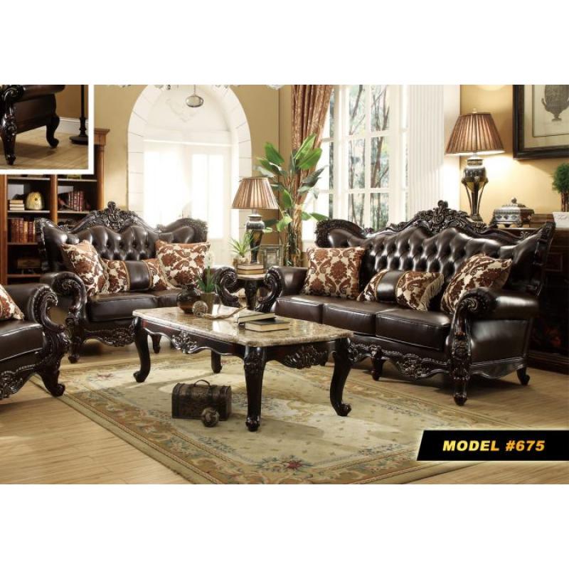 675-S 2PC Traditional Brown Tufted Bonded Leather Sofa Set Solid Wood