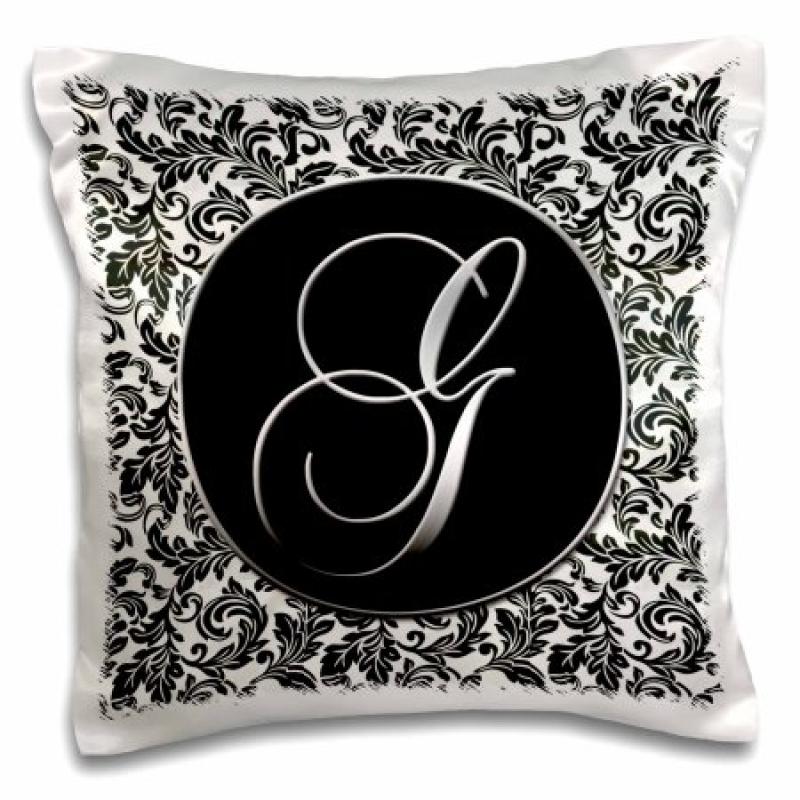 3dRose Letter G - Black and White Damask, Pillow Case, 16 by 16-inch