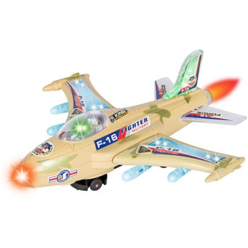 Kids Toy F-16 Figher Jet Airplane, Flashing Lights and Sound, Bump and Go Action