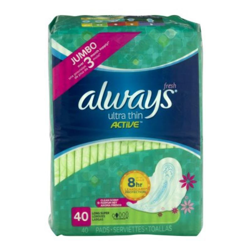 Always Ultra Thin Fresh Active Long Super Pads with Flexi-Wings, 40 count