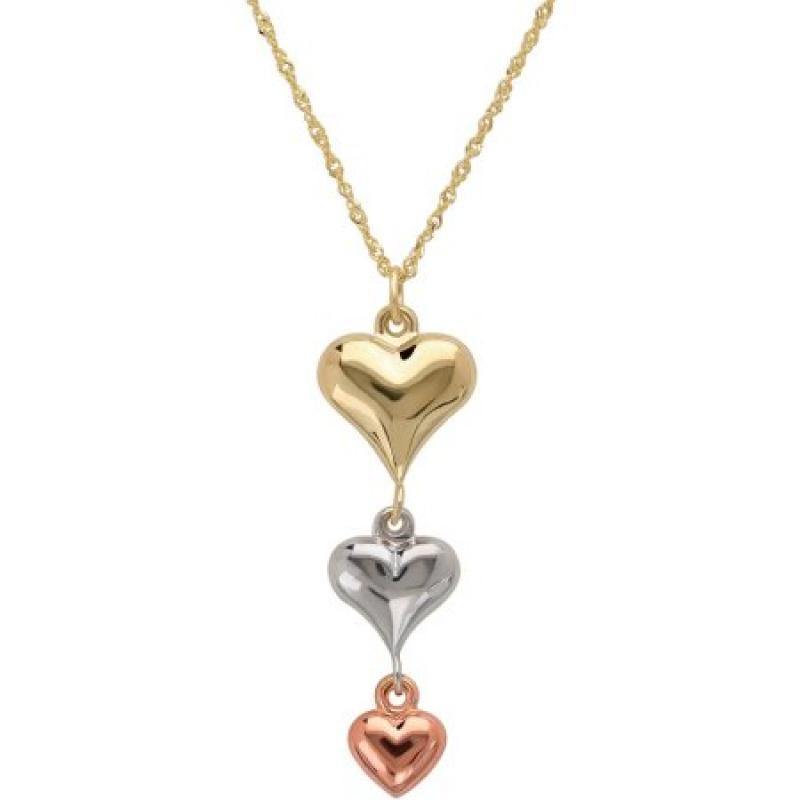 Simply Gold Puffed Heart 10kt Yellow, White and Pink Gold Necklace, 18"