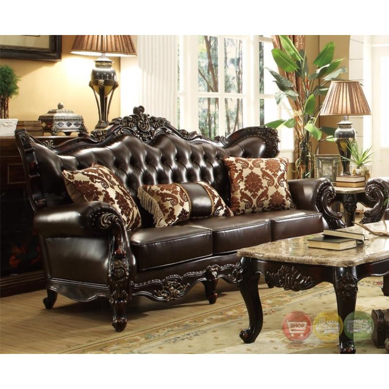 Barcelona Dark Brown Traditional Tufted Leather Sofa With Carved Frame Designs