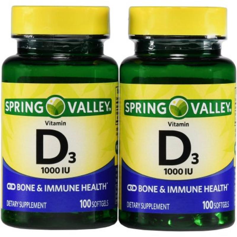 Spring Valley Vitamin D3 Dietary Supplement Softgels, 1000 IU, 100 count, 2 pk
