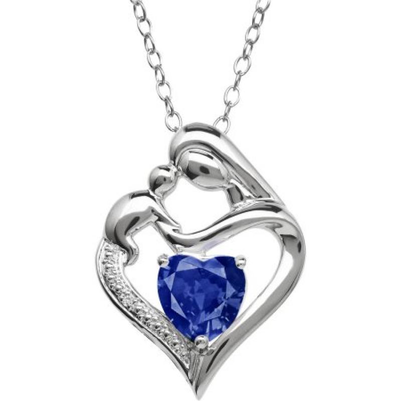 Mother and Child Created Sapphire and Diamond Accent Pendant in Sterling Silver, 18"
