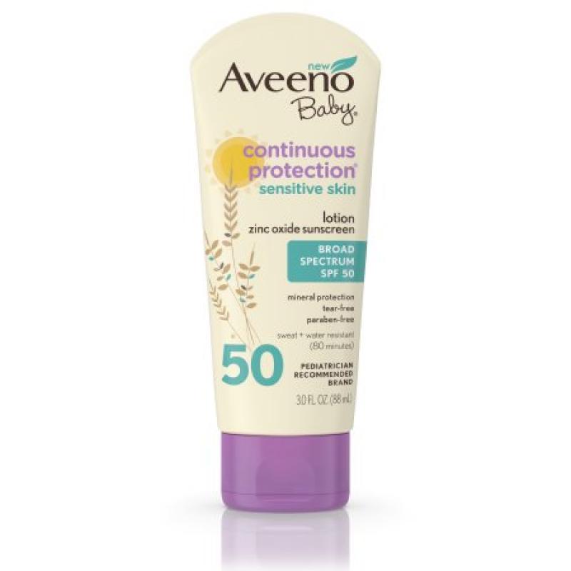 Aveeno Baby Continuous Protection Sensitive Skin Lotion Zinc Oxide Sunscreen With Broad Spectrum SPF 50, 3 Fl. Oz