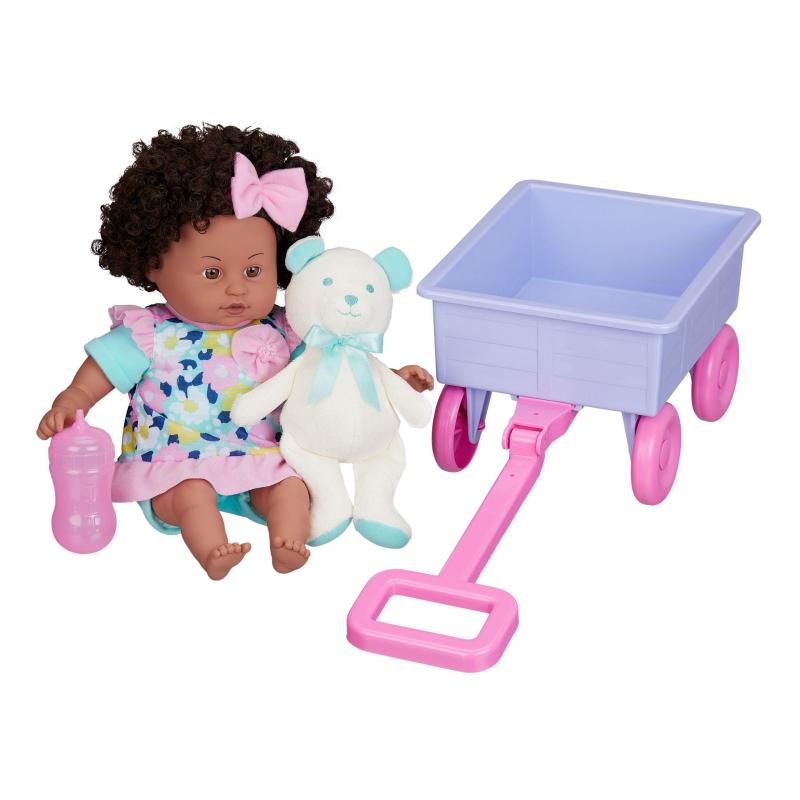 My Sweet Love 13" Baby Doll and Wagon Play Set, Pink & Teal, 6 Pieces, African American
