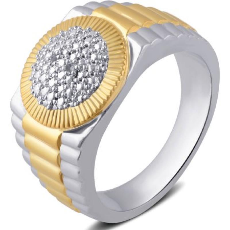 Diamond Accent Two-Tone Flash Plated Brass Round Frame Cluster Men&#039;s Ring