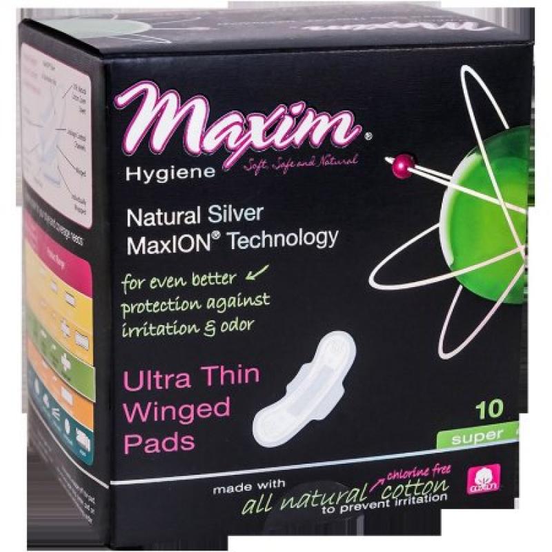 Maxim MaxiION Ultra Thin Winged Pads, Nighttime, Super, 10 Ct
