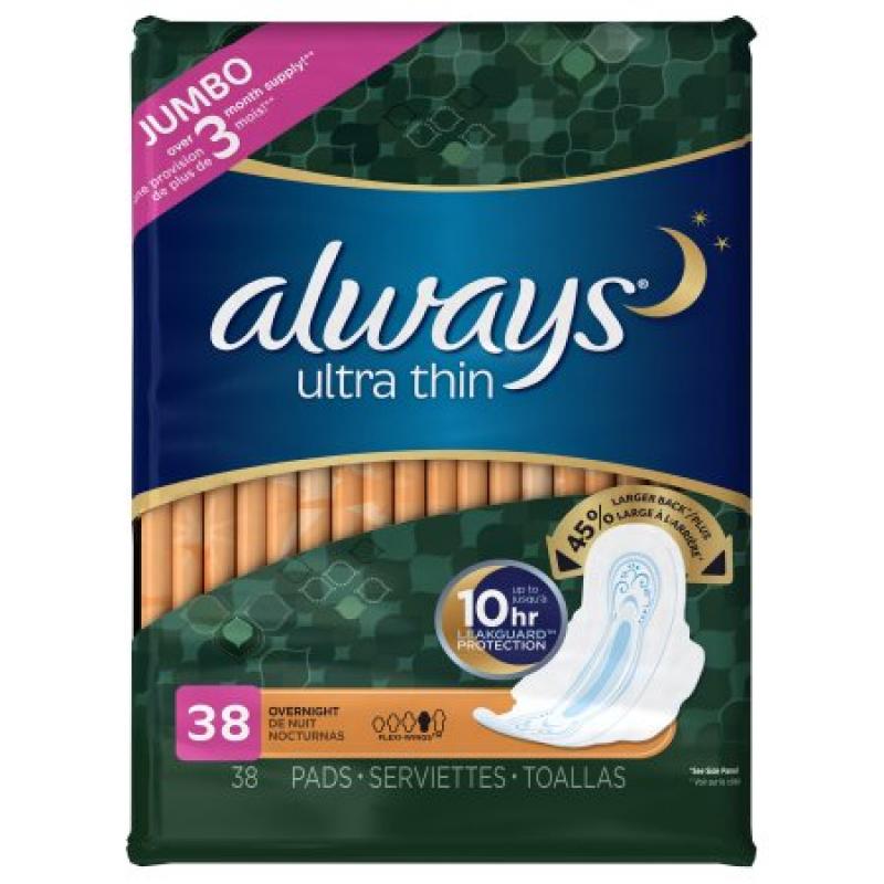 Always Ultra Thin Size 4 Overnight Pads With Wings, Unscented, 38 count