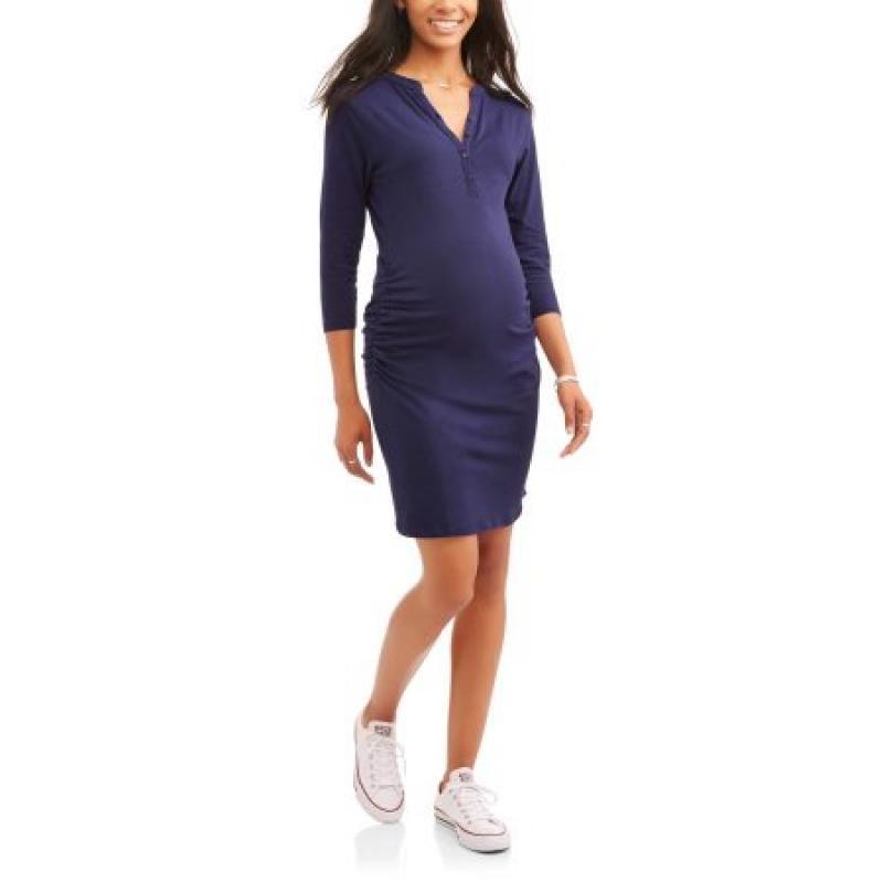 Oh! Mamma Maternity 3/4 Sleeve Henley Dress with Flattering Side Ruching-- Available In Plus Size