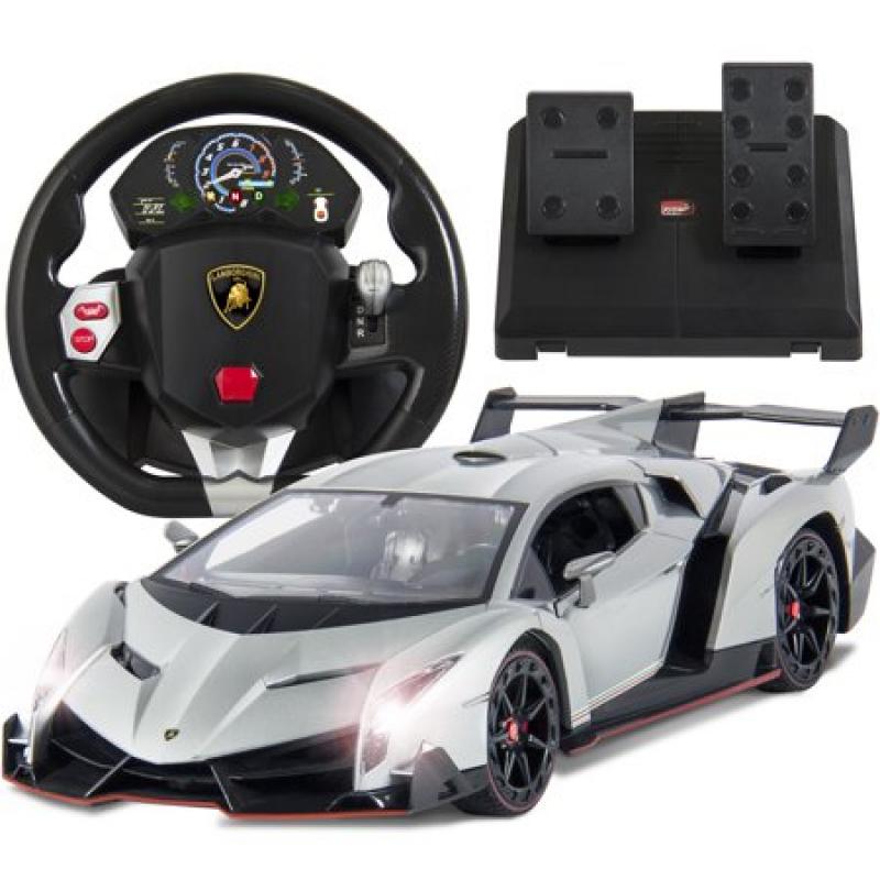 Best Choice Products 1/14 Scale Wheel Remote Control Luxury Lamborghini Veneno RC Car Toy for Kids w/ Gravity Sensor, Engine Sounds, Head and Rear Lights, Opening Door - Silver