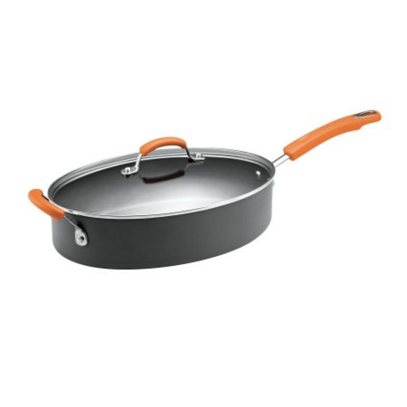Rachael Ray Hard-Anodized Nonstick 5-Quart Covered Oval Sauté Pan, Gray with Orange Helper Handles
