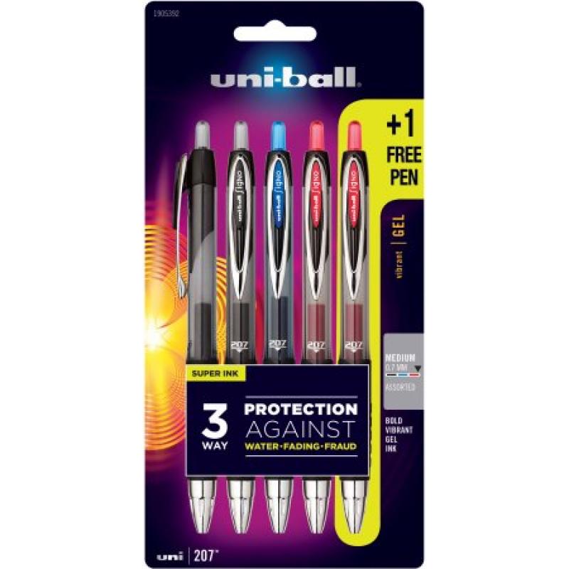 Uni-ball 207 Retractable Gel Pens, Medium Point, Assorted, 5 Pack