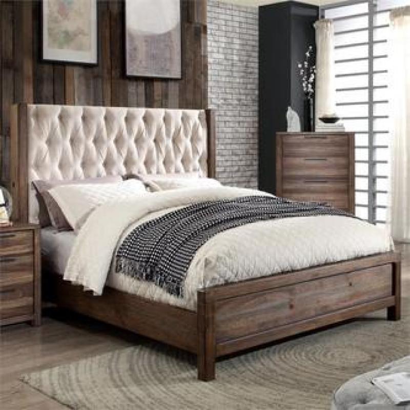 Furniture of America Oliva Tufted King Bed in Natural Rustic Tone