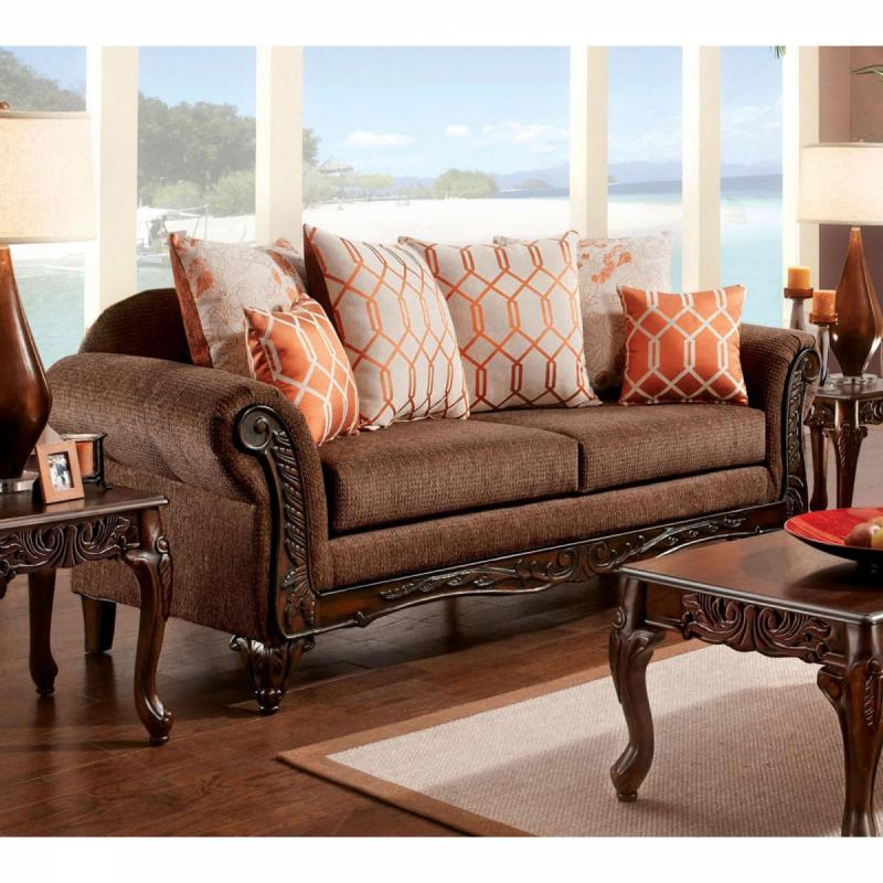 Furniture of America Traditional Formal 2pc Sofa Set Sofa And Loveseat Sweetheart Style Cushion Accent Pillows Living Room Couch Brown w/ Orange