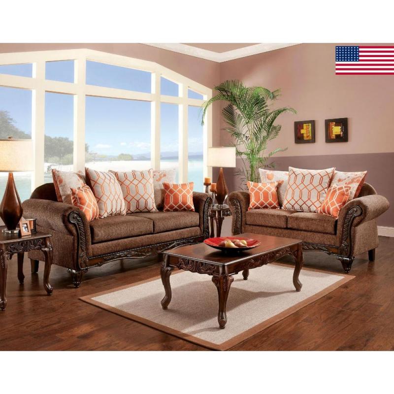 Furniture of America Traditional Formal 2pc Sofa Set Sofa And Loveseat Sweetheart Style Cushion Accent Pillows Living Room Couch Brown w/ Orange