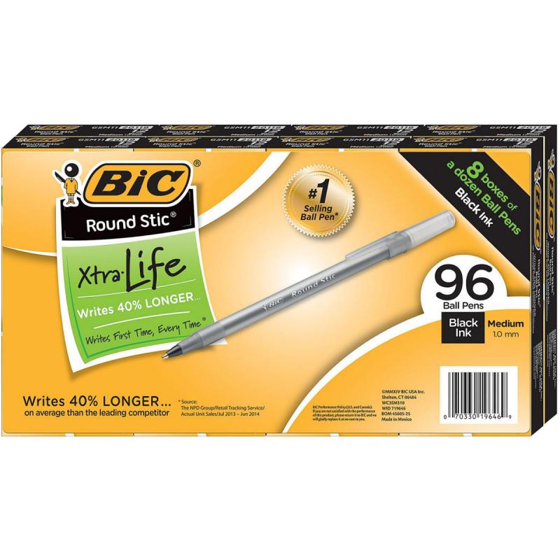 BIC Round Stic Xtra Life, Medium Point, 96 ct., Select Color