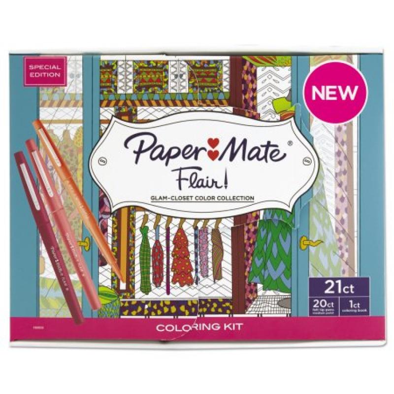 Paper Mate Flair Felt Tip Pens, Medium Point, Assorted Colors, 20-Count with Women&#039;s Closet Adult Coloring Book